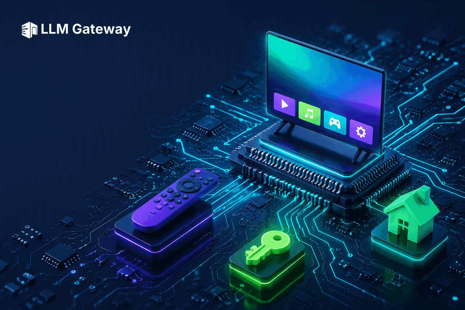 A glowing television showing a minimal app dock mounted on the central chip of a dark circuit board, with a remote, a key and a house icon around it, representing an AI agent replacing a Samsung TV home screen