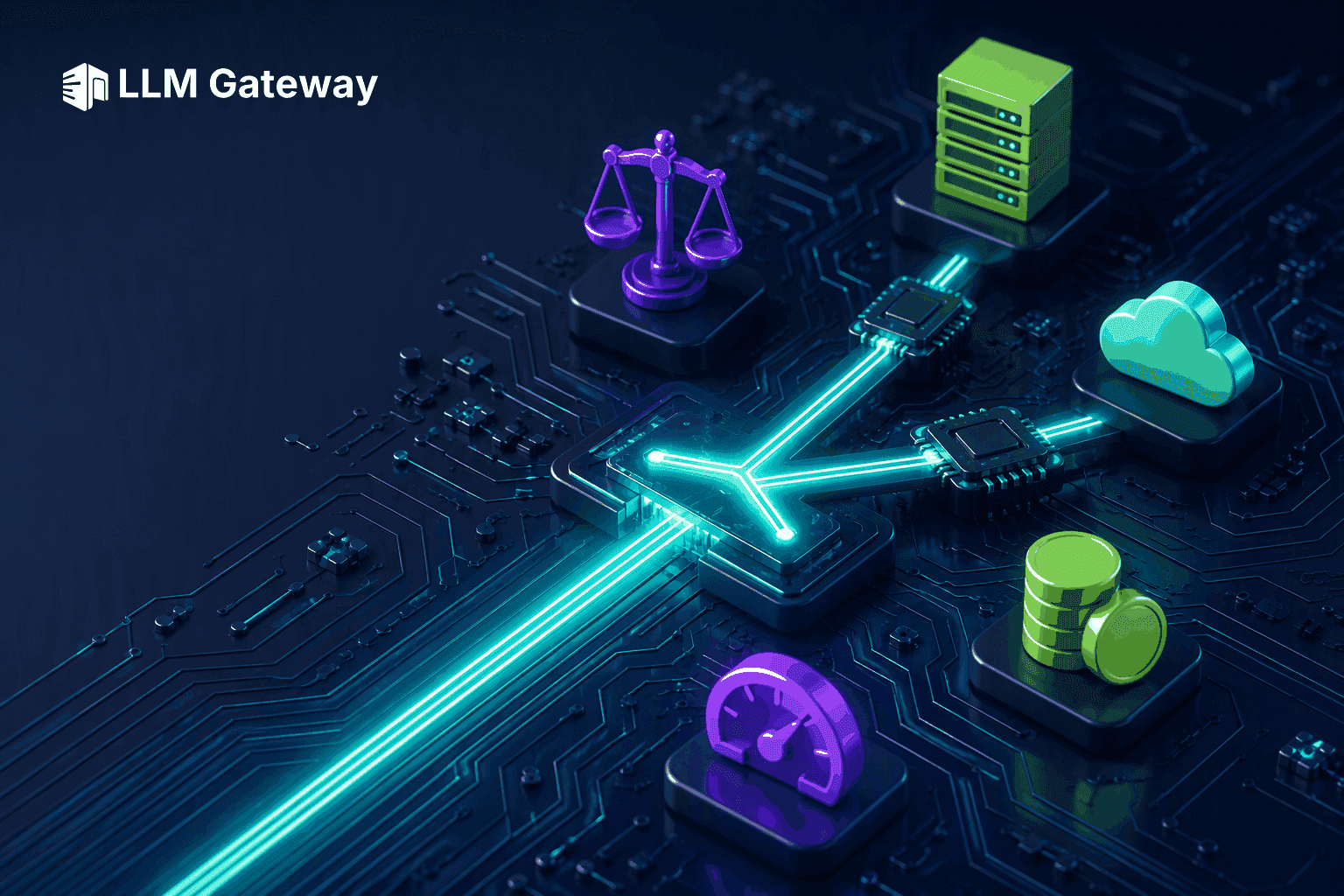 A glowing three-way junction on the central chip of a dark circuit board where one light trace splits toward three smaller chips, surrounded by balance scale, server rack, cloud, gauge and coin-stack icons, representing a LiteLLM vs OpenRouter vs LLM Gateway comparison