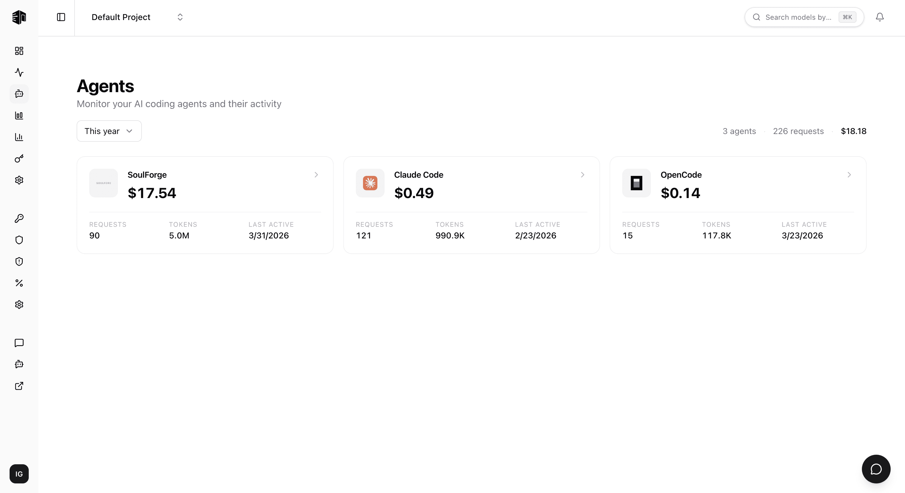 Agents page on LLM Gateway showing AI coding agent monitoring