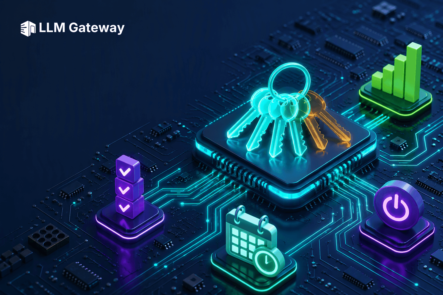 A glowing key ring on a central circuit-board chip, with most keys lit teal and two dimmed amber, surrounded by checkbox, calendar, bar chart, and power switch icons, representing bulk API key management and unused-key insights on LLM Gateway