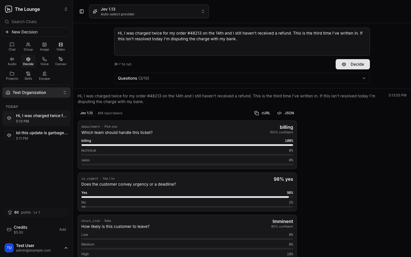 Lounge Decision Studio answering typed questions with probabilities