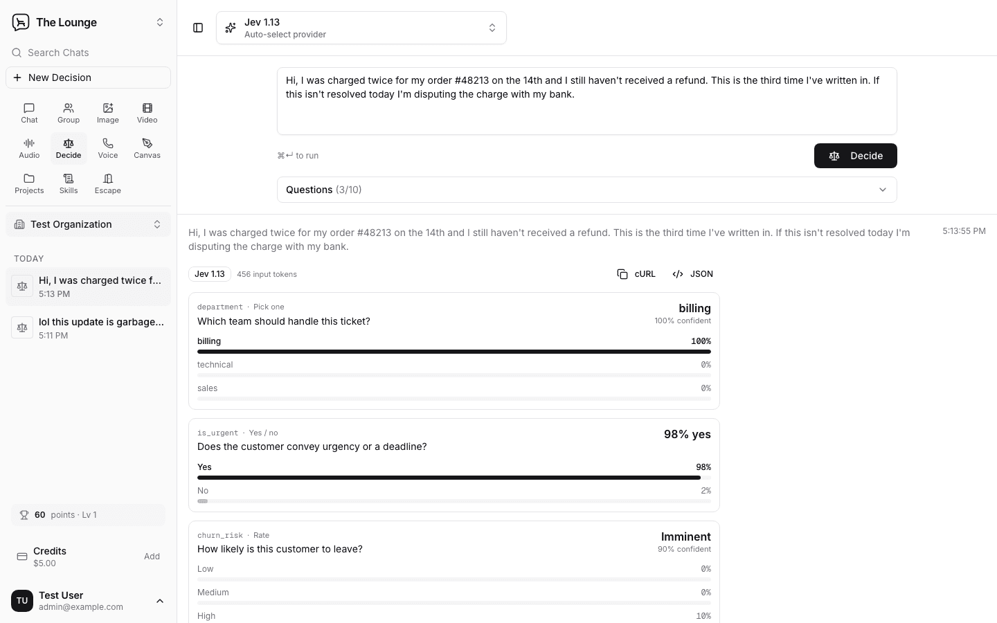 Lounge Decision Studio answering typed questions with probabilities